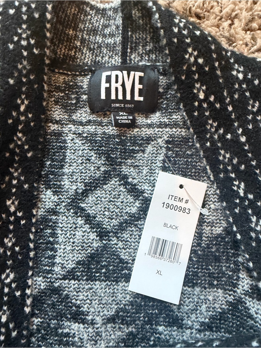 NWT Frye Aztec Geometric Open Front Longline Cardigan Sweater Black White XL - Picture 3 of 3